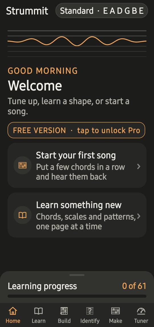 The Strummit home page with the last song and where you left off in Learn